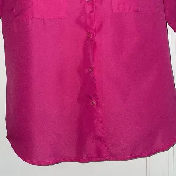 Vintage 80s Rikrak fuchsia pink polyester short sleeve button down shirt - Picture 3 of 8